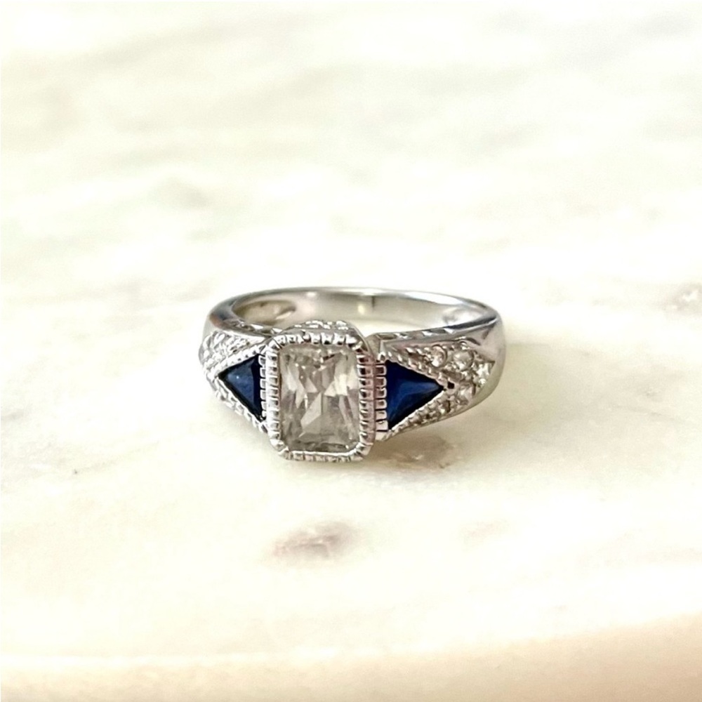 Ross-Simons CZ “diamond” & “sapphire” Silver Art Deco Ring size 6 EUC